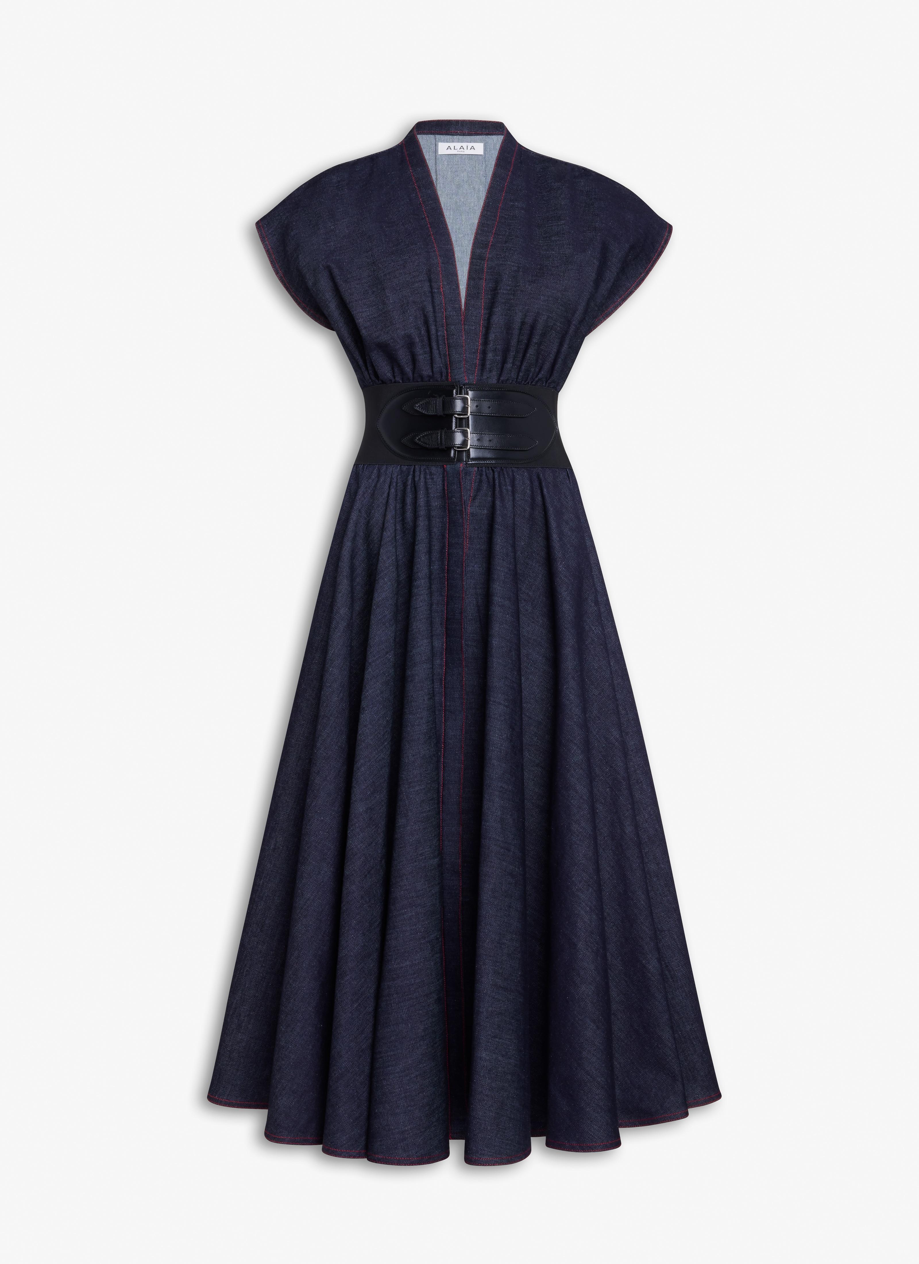 Dark Blue BELTED DRESS IN STRETCH RAW DENIM Product Image