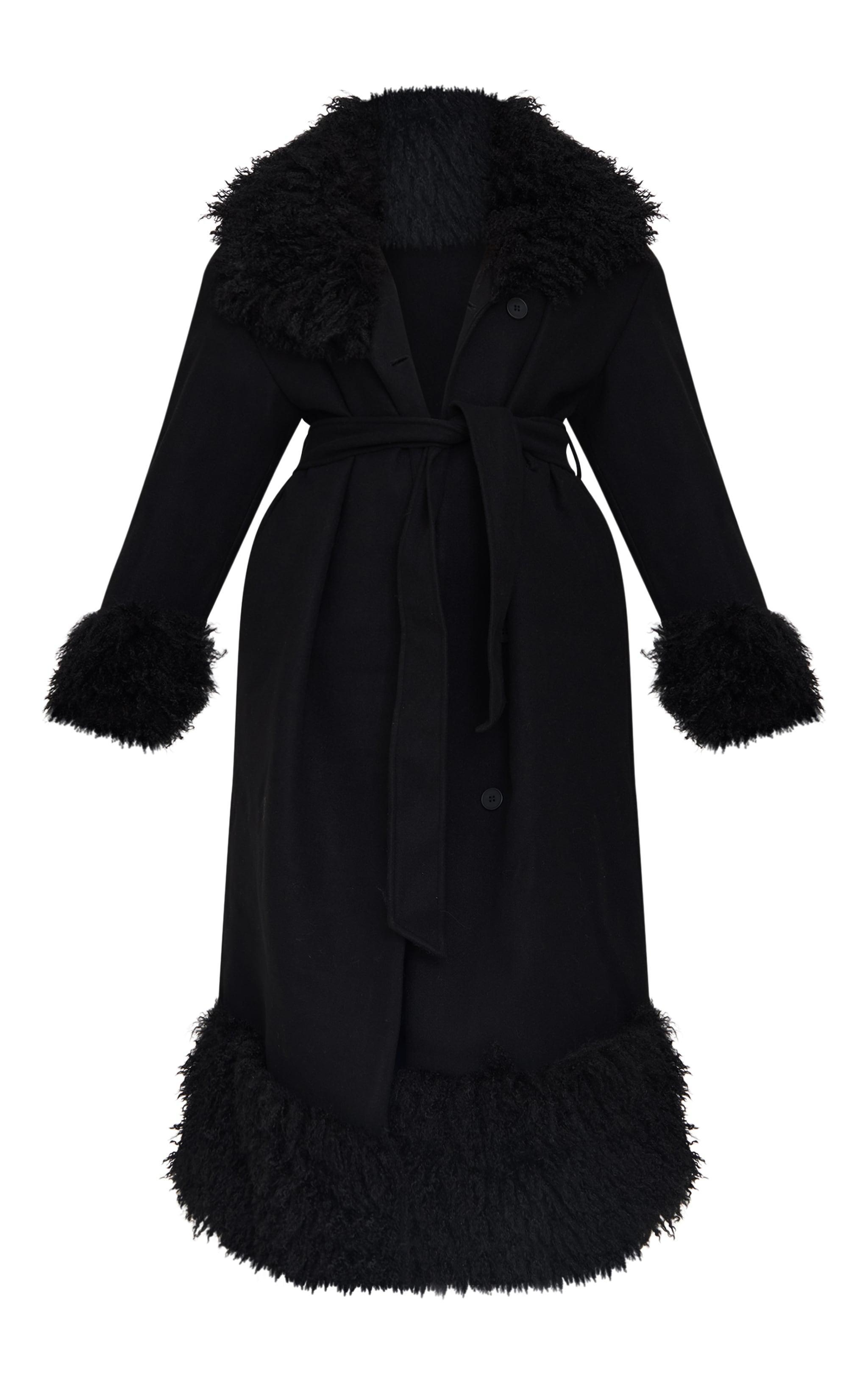 Plus Black Faux Fur Trim Constrast Wool Look Coat Product Image