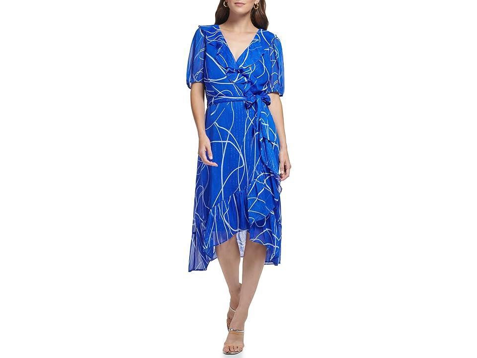 DKNY Sleeveless Ruffled Belted Dress (Deep Cobalt/Cream) Women's Dress Product Image