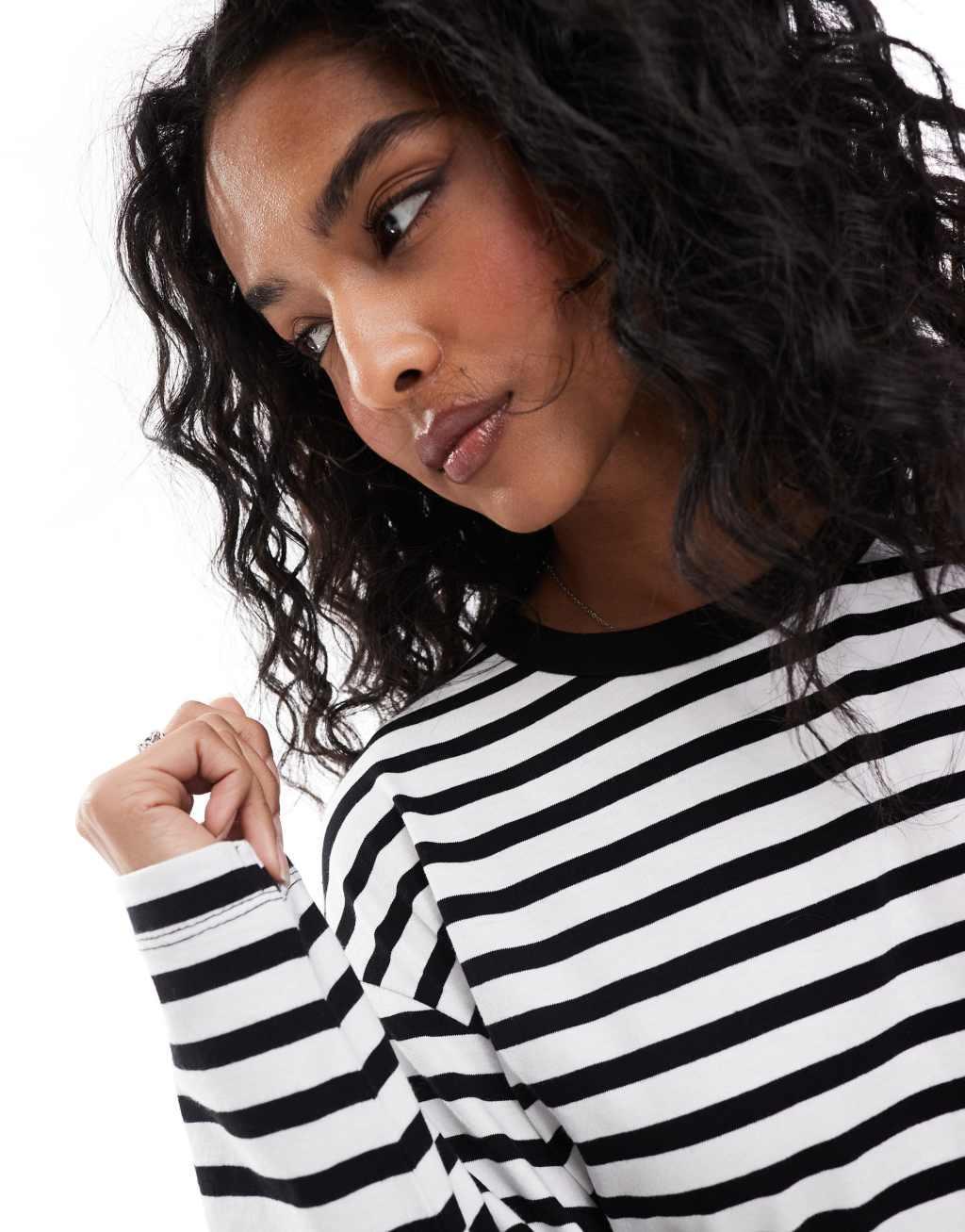 Pull&Bear long sleeve oversized t-shirt with stripe detail in ecru & black Product Image