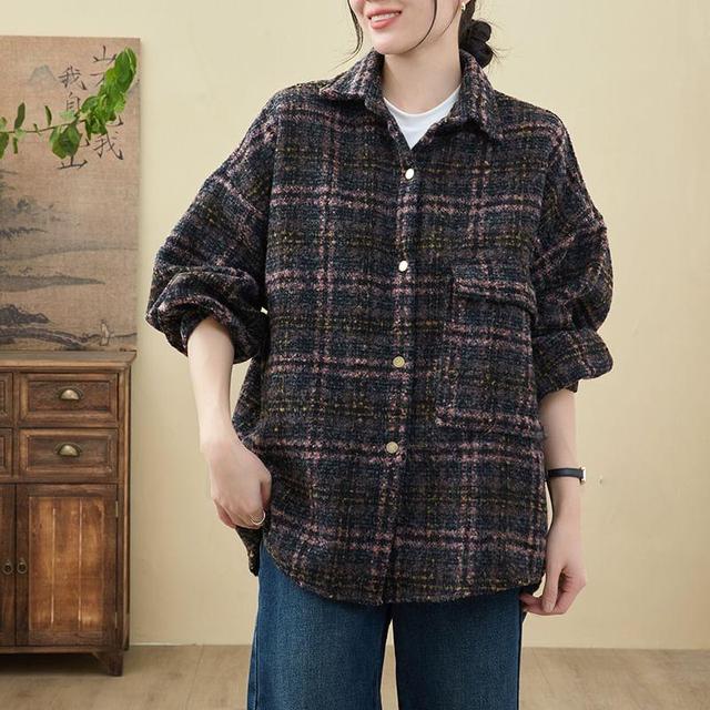 Long Sleeve Collared Plaid Shirt Jacket Product Image