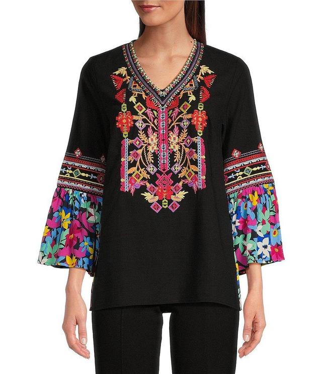 Calessa Embroidered Patchwork V-Neck 3/4 Sleeve Tunic Product Image