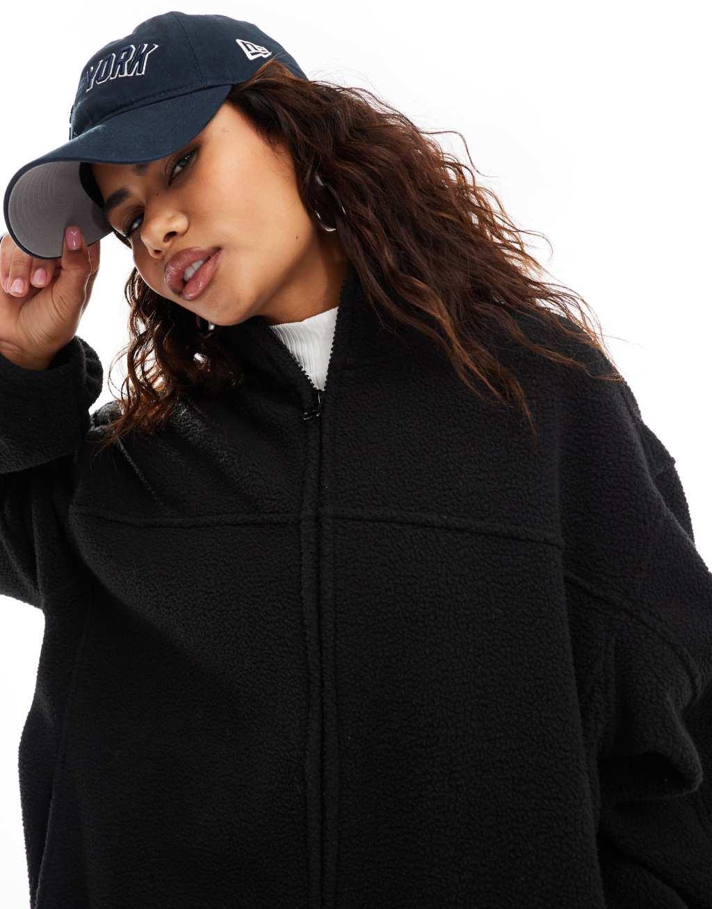 Weekday Lea oversized zip up teddy sweatshirt in black Product Image