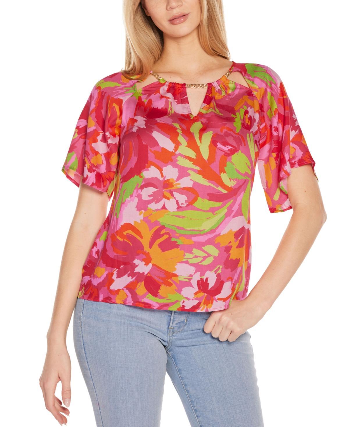 Belldini Womens Abstract Floral Cutout Detail Top Product Image