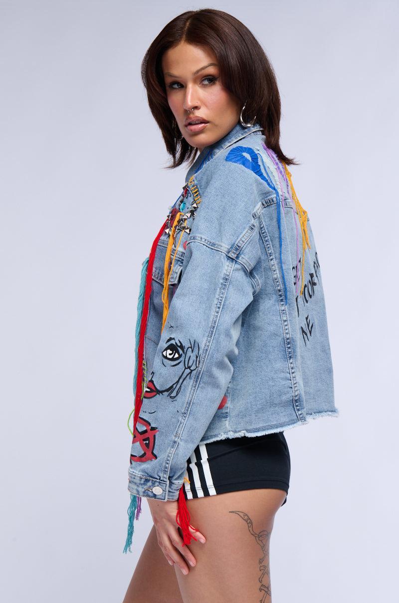 LOST IN THE CITY STUDDED YARN APPLIQUE DENIM JACKET Product Image