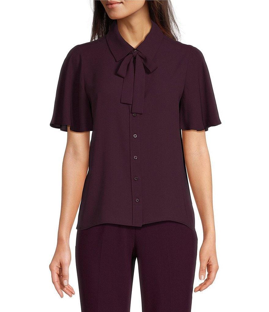 Calvin Klein Chiffon Flutter Short Sleeve Collared Tie Neck Blouse Product Image