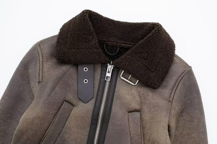 Lapel Collar Faux Shearling Cropped Zip Jacket Product Image