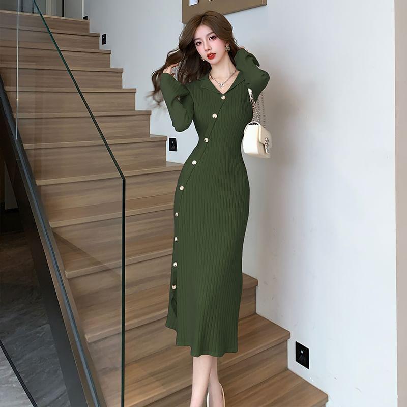 Long-Sleeve Lapel Collar Plain Button-Up Slit Midi Sheath Knit Dress Product Image