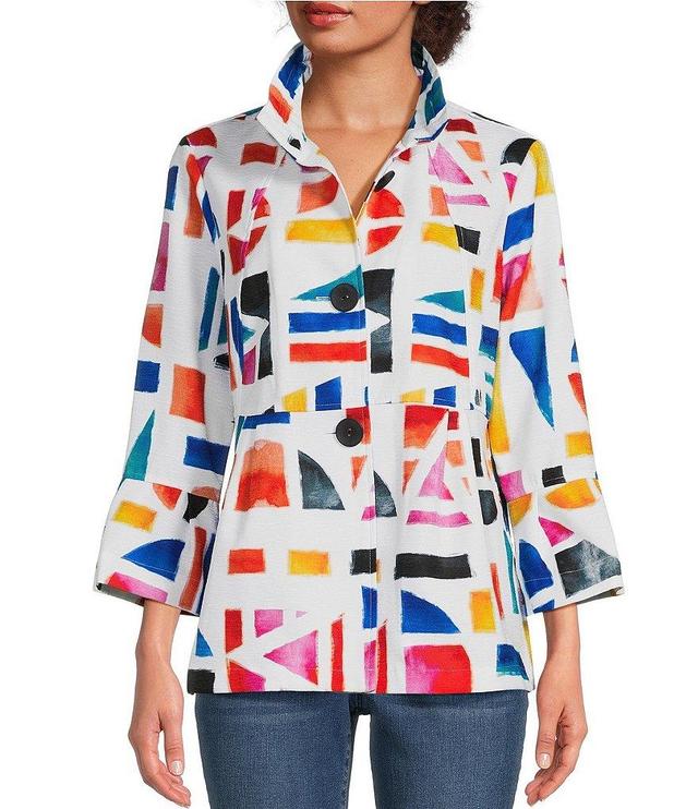 Ali Miles Woven Geometric Abstract Print Wire Collar 3/4 Bell Sleeve Button-Front Tunic Product Image