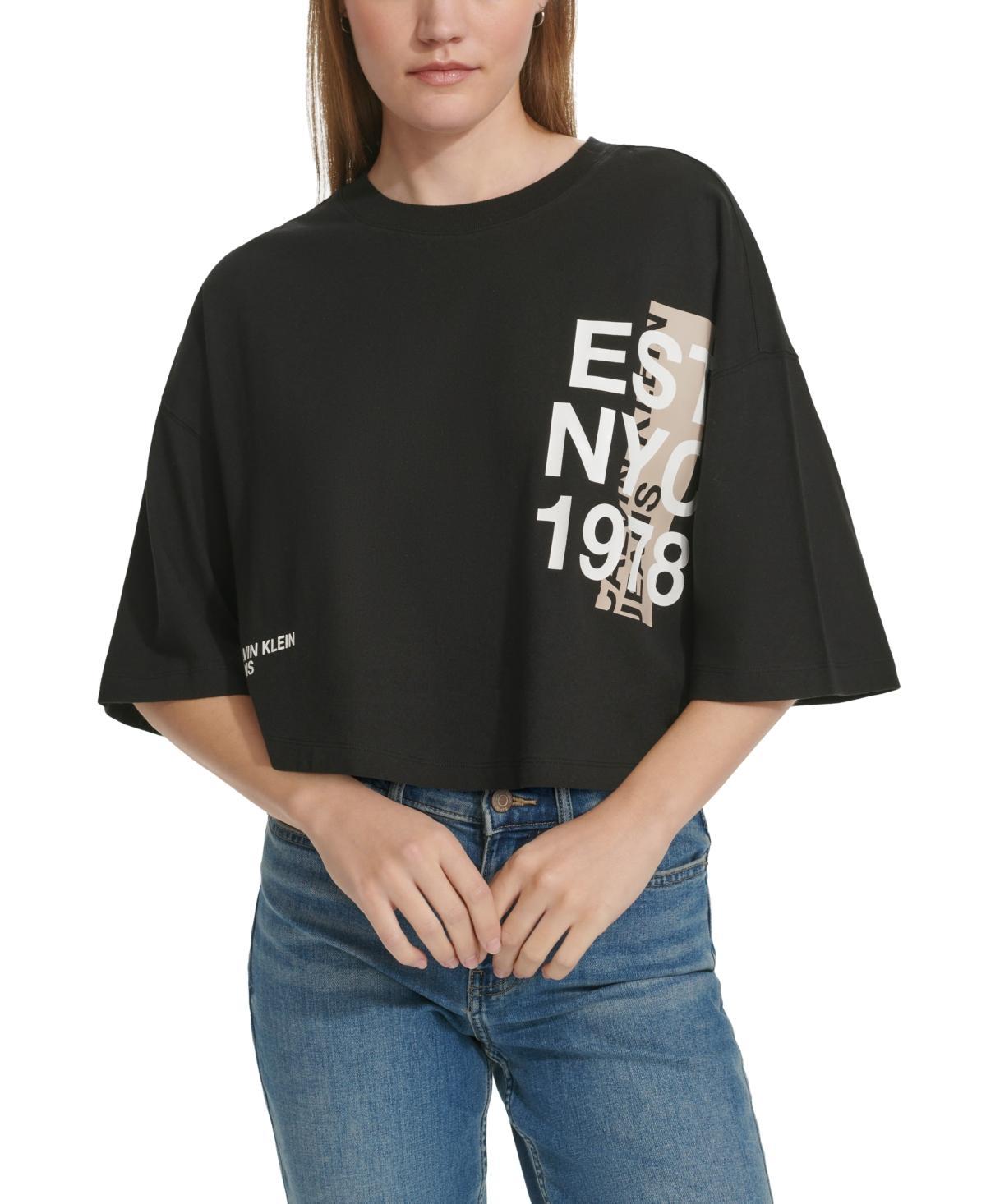 Calvin Klein Jeans Womens Vertical-Logo Cropped T-Shirt Product Image