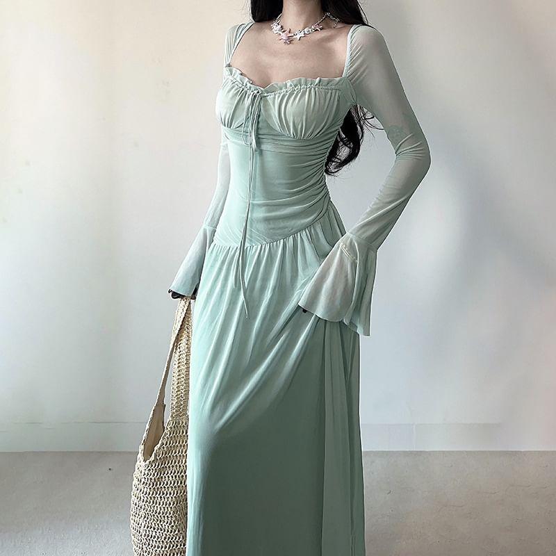 Long-Sleeve Queen Anne Neckline Plain Maxi A-Line Dress Product Image