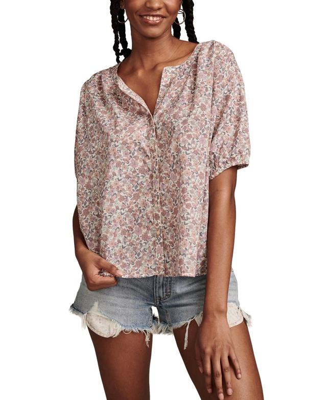 Lucky Brand Womens Printed Cotton Smocked-Trim Blouse Product Image