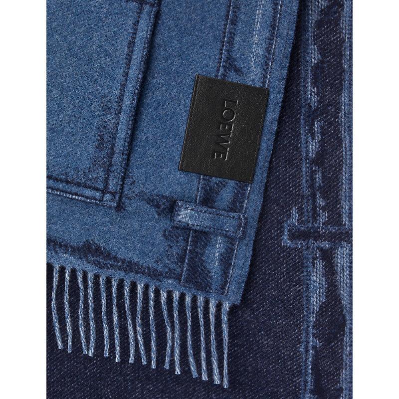 LOEWE Denim Cashmere-blend Fringe Scarf In Jeans Blue Product Image