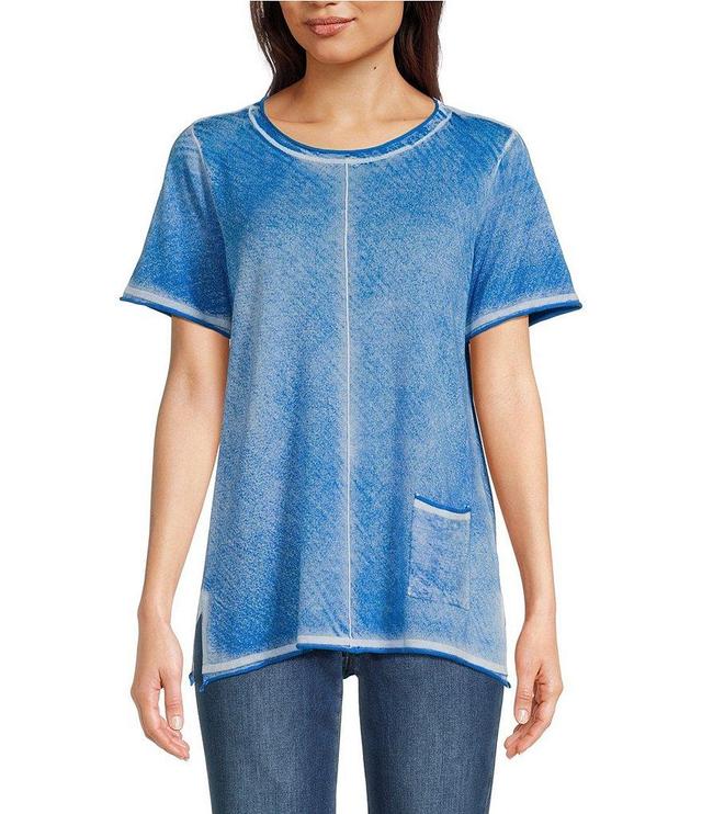 Tru Luxe Jeans Knit Reverse Print Bateau Neck Front Patch Pocket Short Sleeve Top Product Image