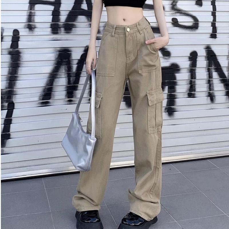 High Rise Plain Pocket Straight-Fit Wide-Leg Cargo Pants Product Image