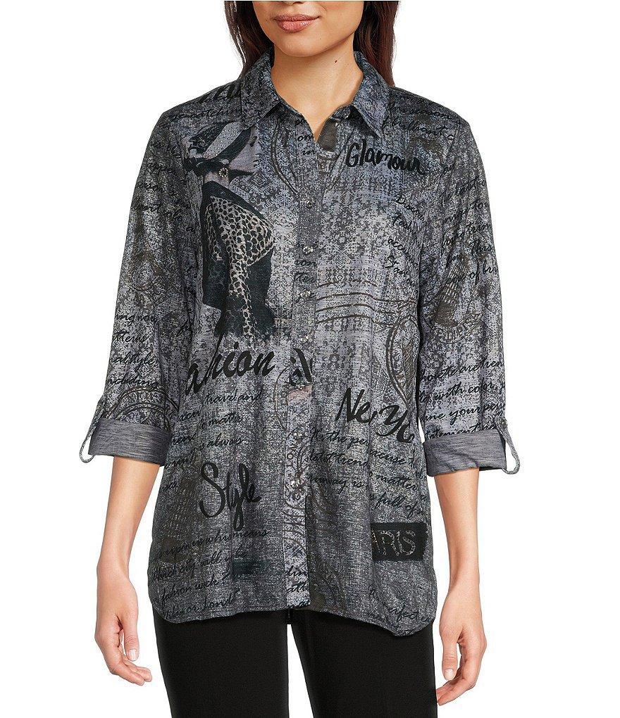 Ali Miles Printed Knit Point Collar Long Roll-Tab Sleeve Button-Front Tunic Product Image