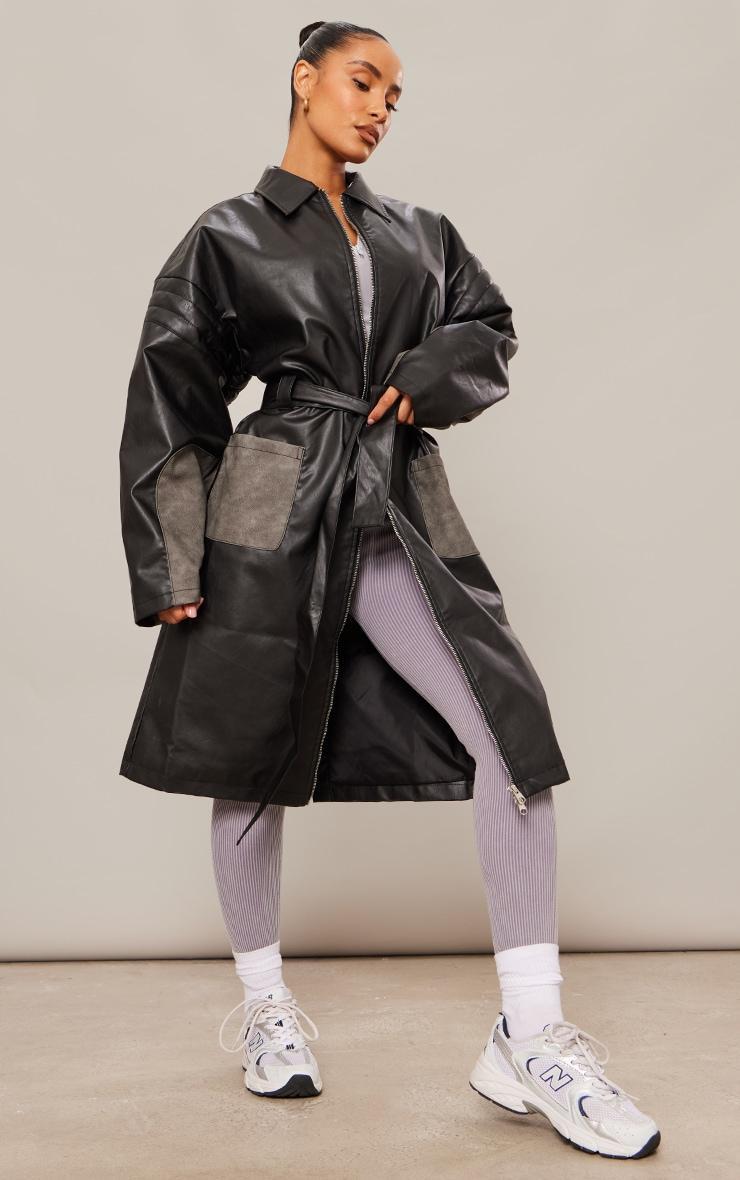 Black Faux Leather Contrast Panel Belted Coat Product Image