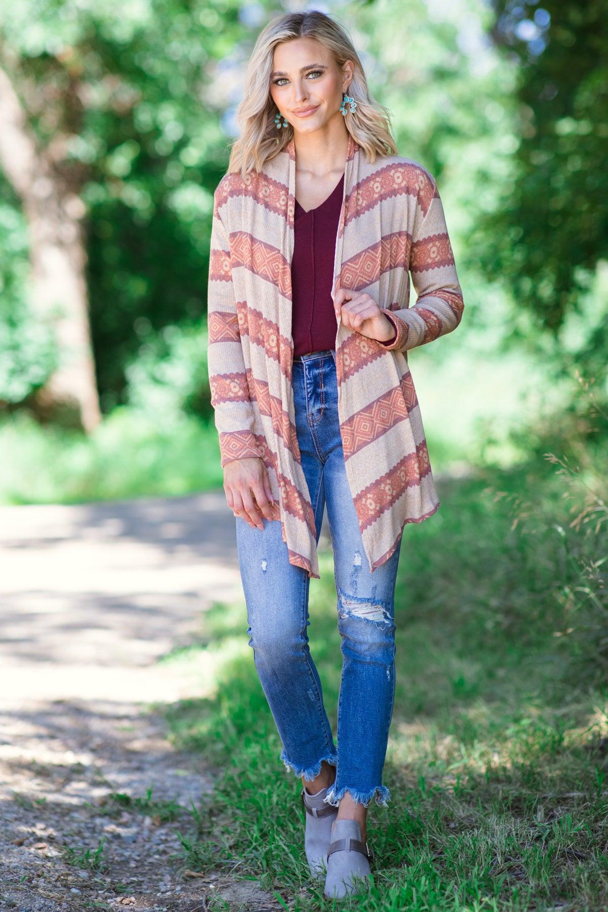 Orange and Beige Aztec Stripe Cardigan Product Image