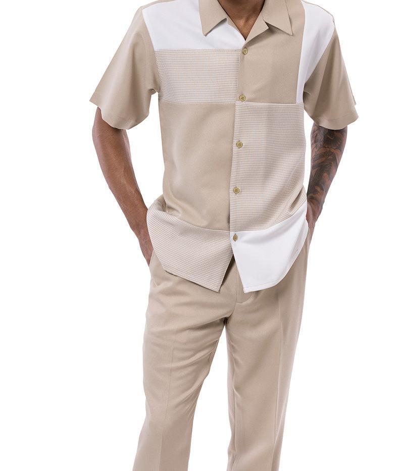 Khaki Color Block Tone-on-tone Walking Suit 2 Piece Short Sleeve Set Product Image