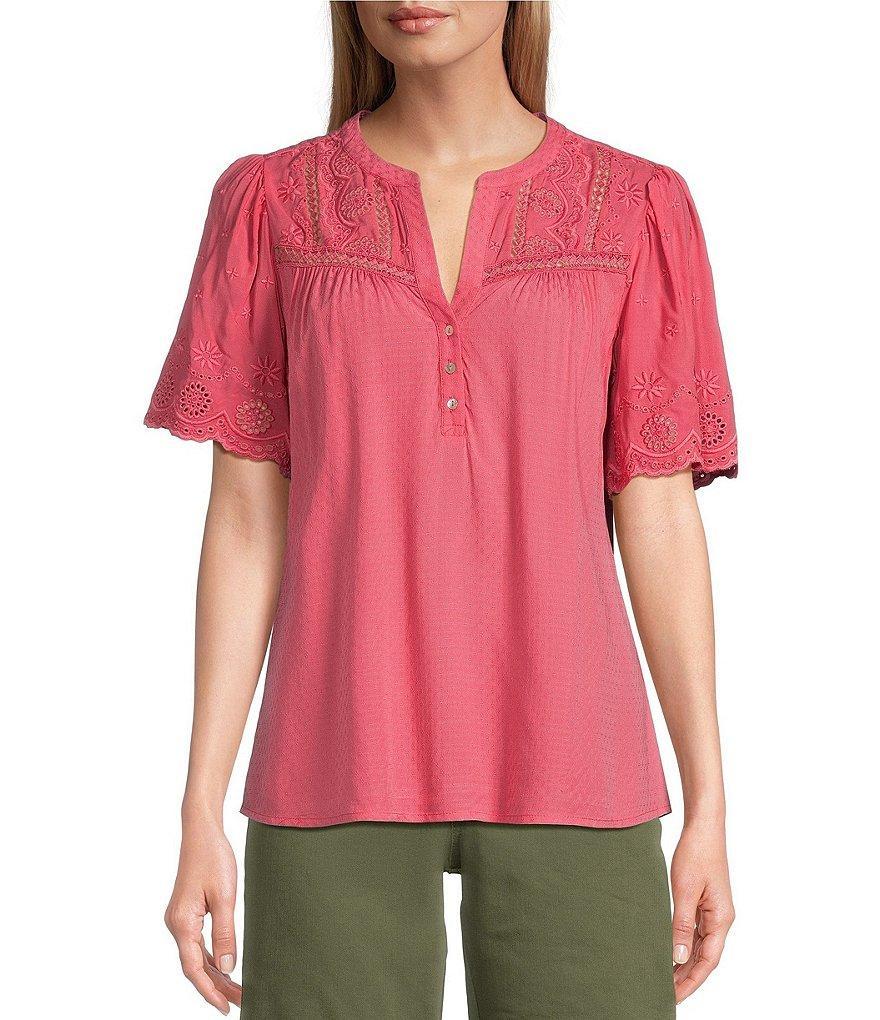 Nurture by Westbound Petite Size Woven Short Sleeve Henley Top Product Image