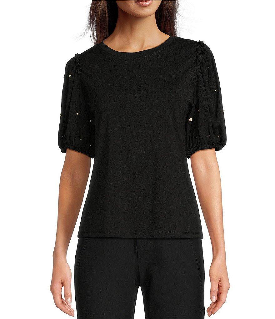 KARL LAGERFELD PARIS Crew Neck Embellished Short Puff Sleeve Top Product Image