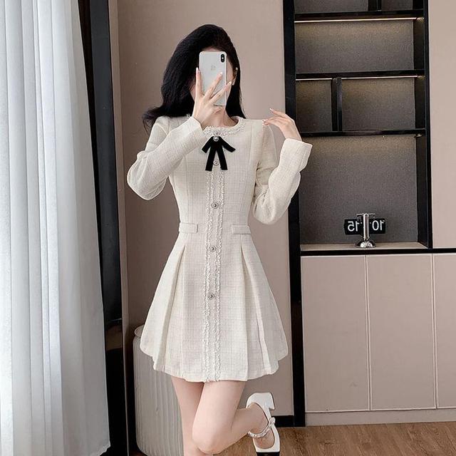 Long-Sleeve Crewneck Button-Up Mini A-Line Dress Product Image