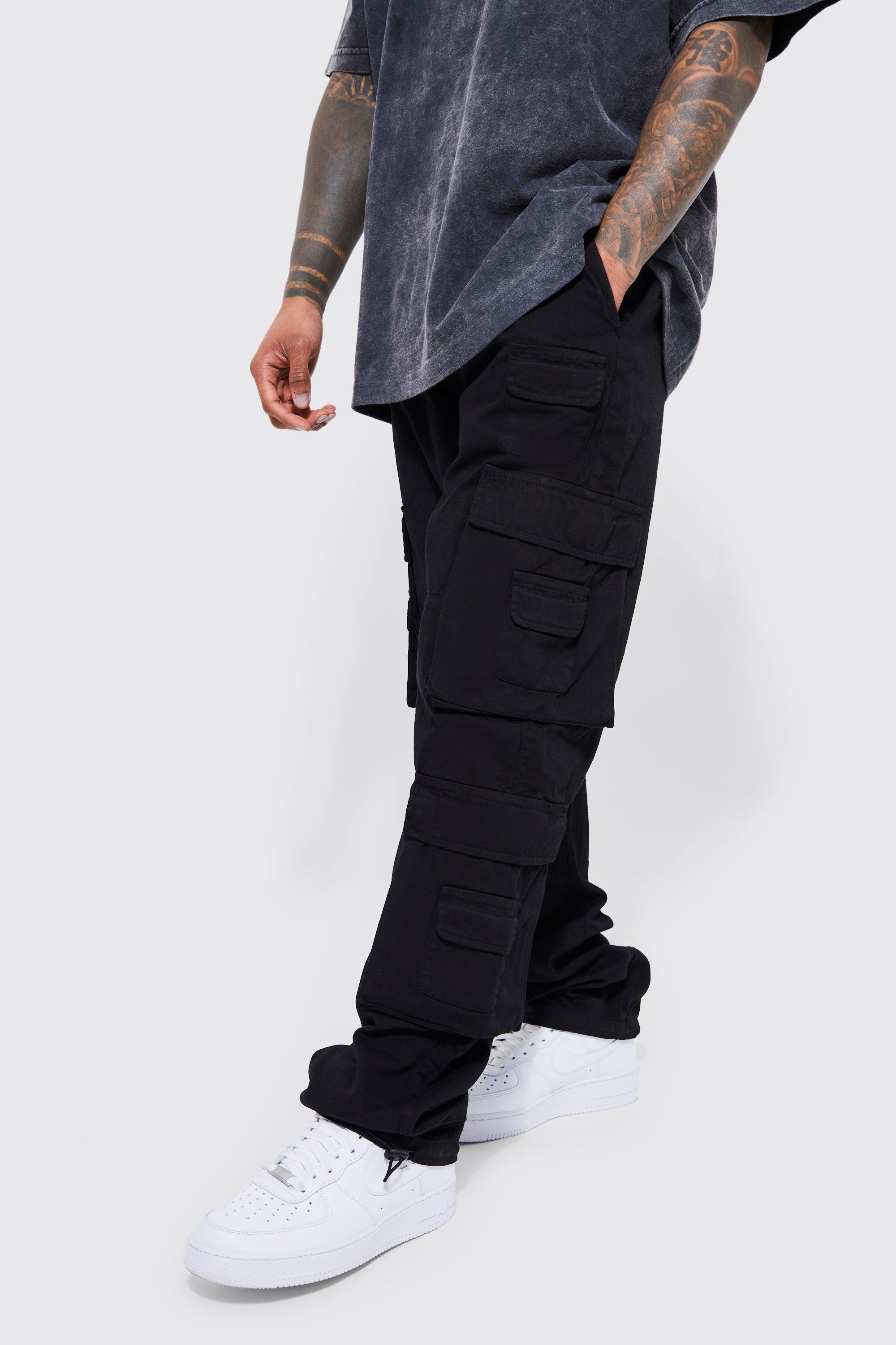 Mens Black Elasticated Waist Straight Stacked Pocket Cargo, Black Product Image