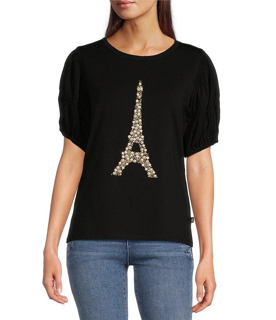 KARL LAGERFELD PARIS Knit Pearl Eiffel Tower Crew Neck Short Sleeve Tee Shirt Product Image