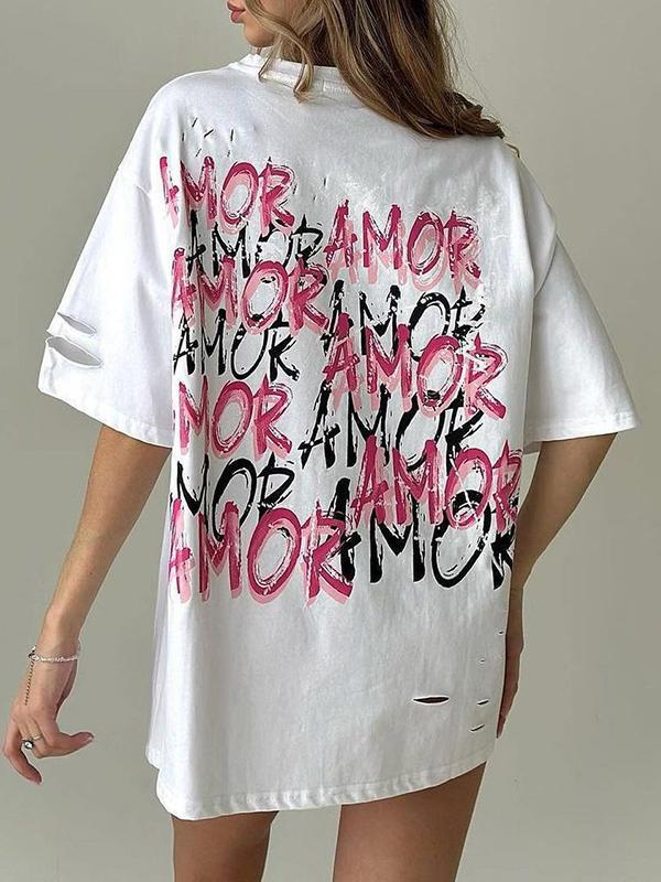 Loose Short Sleeves Contrast Color Hollow Letter Print Round-Neck T-Shirts Tops Product Image