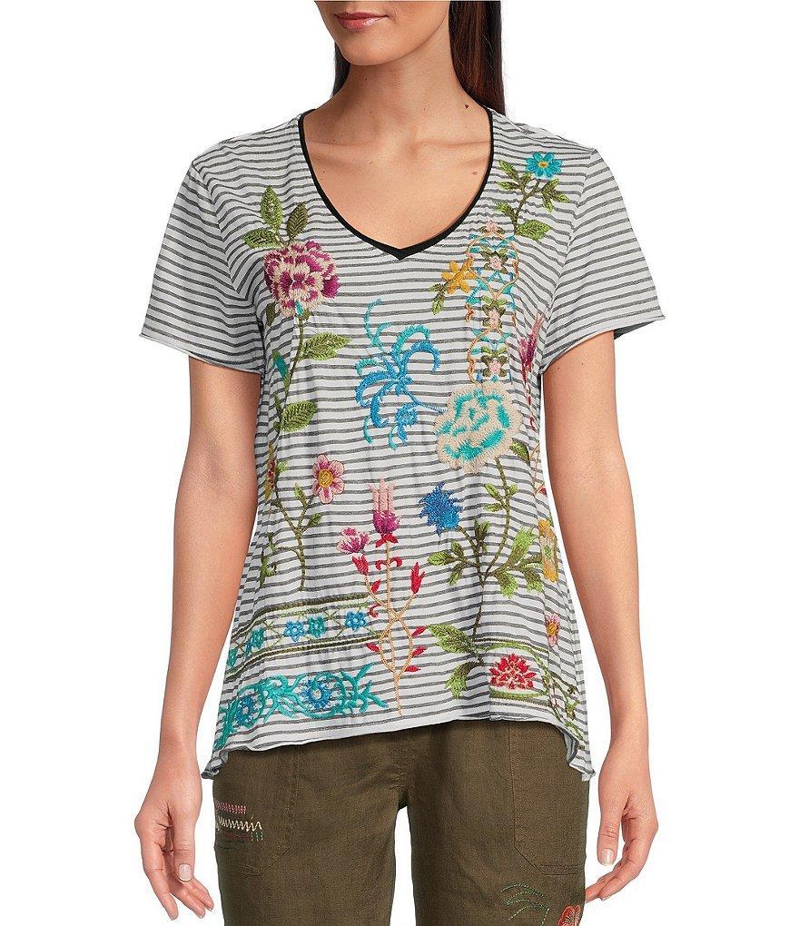 JOHNNY WAS Sheri Everyday Knit Contrast Stripe Print V-Neck Short Sleeve Floral Embroidered Tee Shirt Product Image