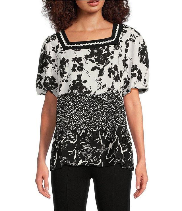 Calessa Woven Floral Print Square Neck Cap Sleeve Ruffle Pullover Top Product Image