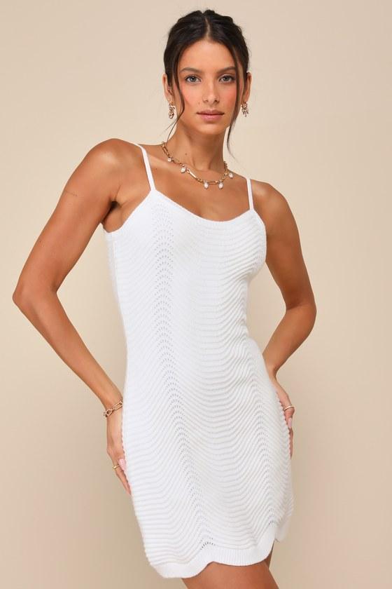 Mesmerizing Appeal White Pointelle Bodycon Sweater Dress Product Image