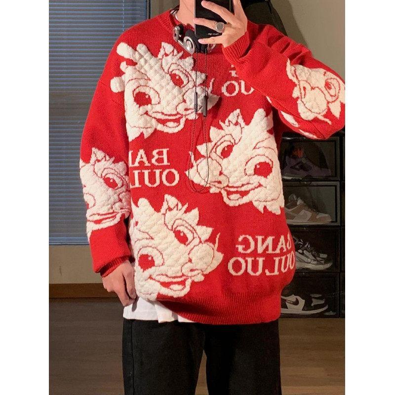 Crew Neck Dragon Print Sweater Product Image