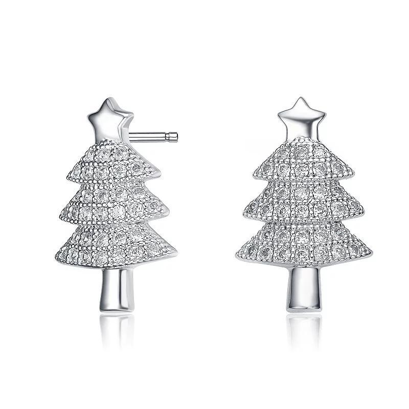 Sterling Silver Cubic Zirconia Pave Christmas Tree Stud Earrings, Womens Product Image