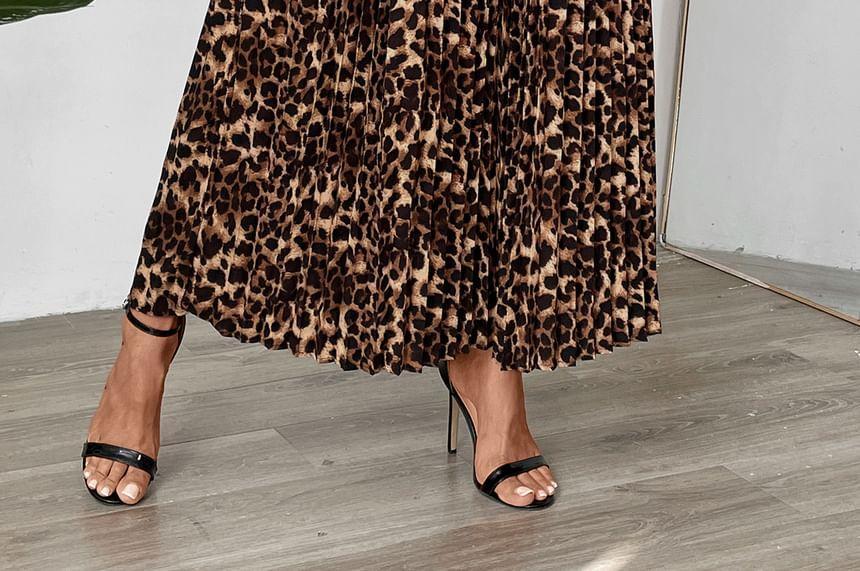 High Waist Leopard Print Accordion Pleated Maxi A-Line Skirt Product Image