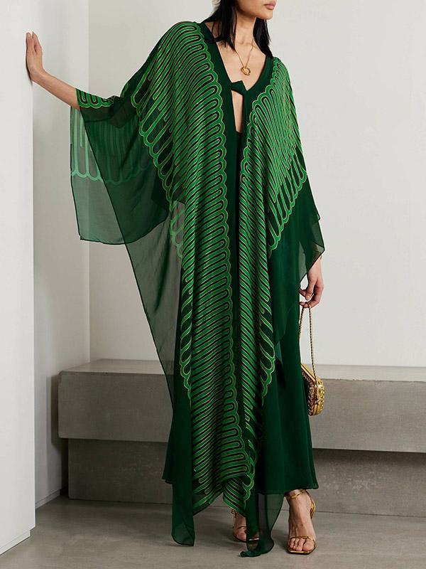 Batwing Sleeves H-Line Pleated Solid Color V-Neck Robes Maxi Dresses Product Image