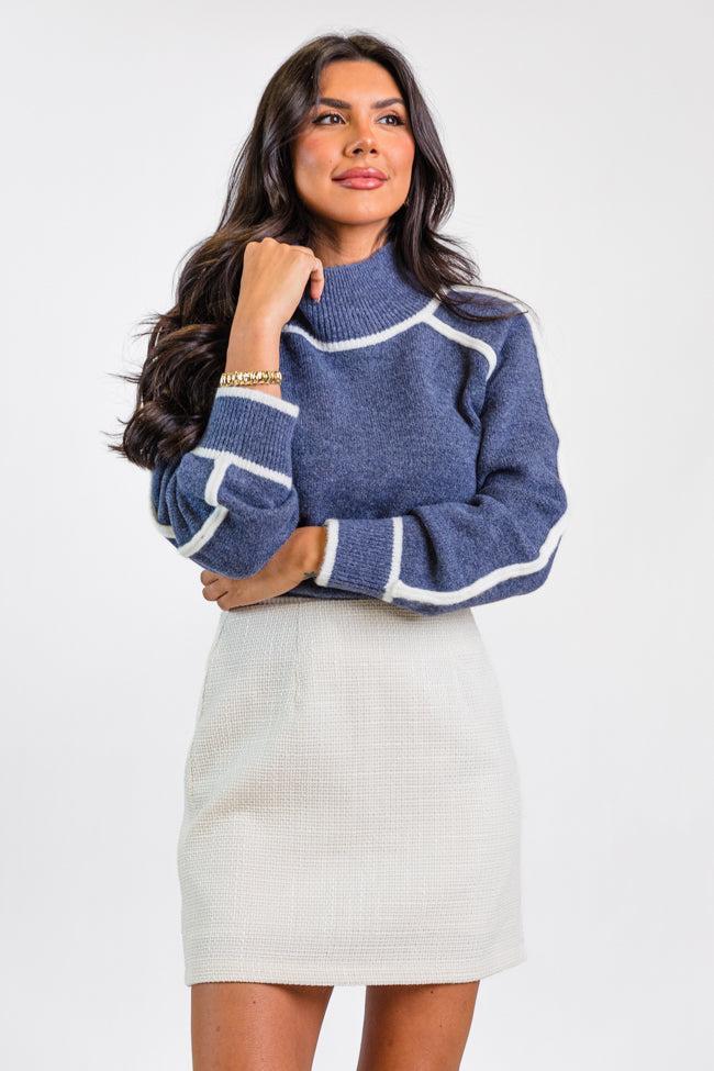 In Between Navy and Ivory Contrast Stitch Mock Neck Sweater Product Image