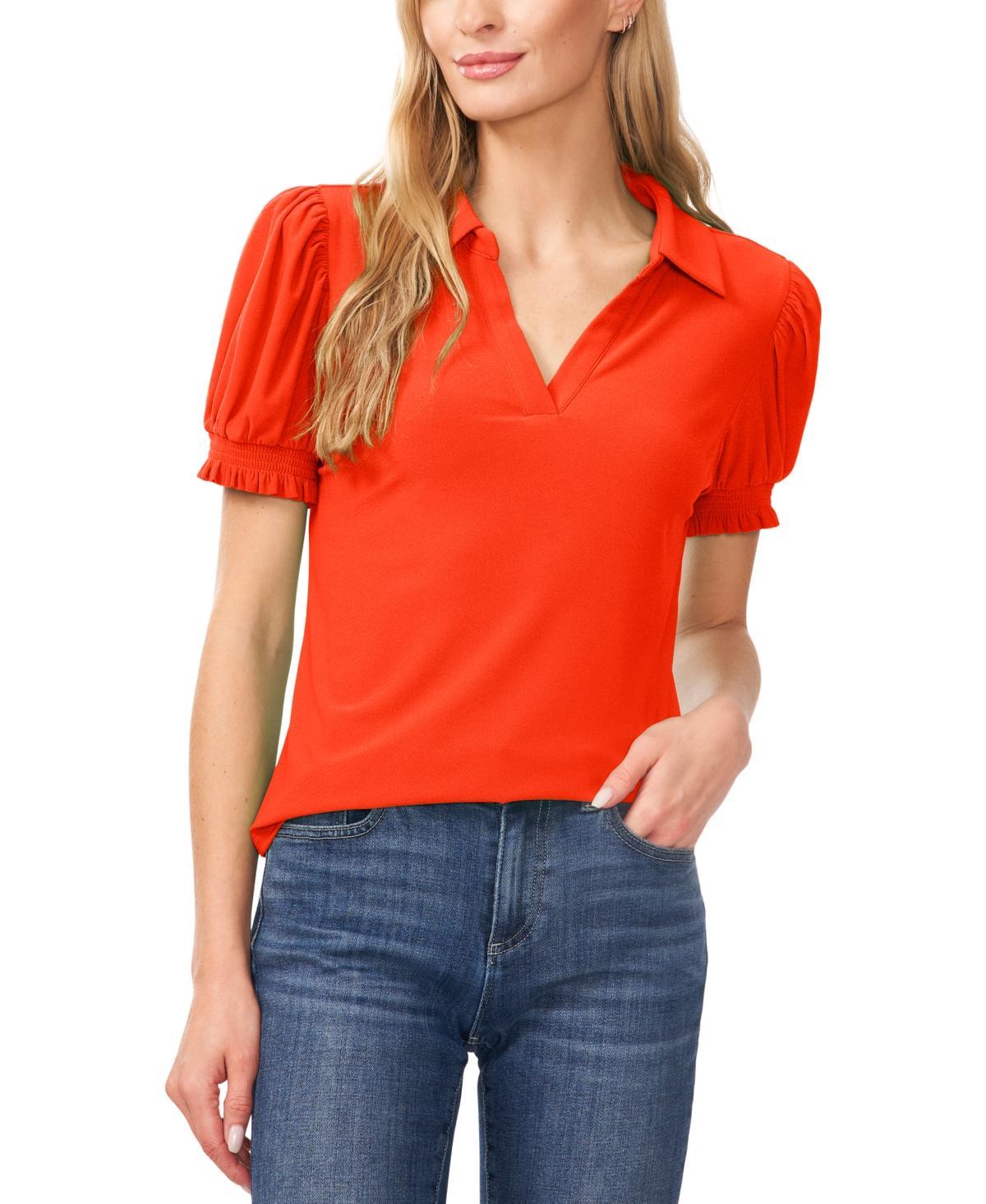 CeCe Womens Collared Split Neck Short Sleeve Knit Top Product Image