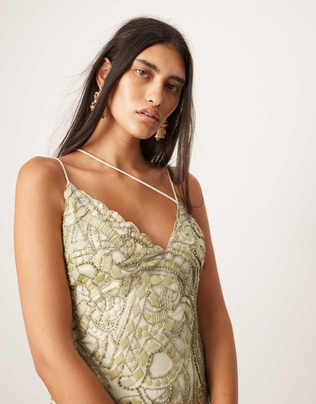 ASOS EDITION mosaic embellished strappy cami midi dress with low back in sage green Product Image