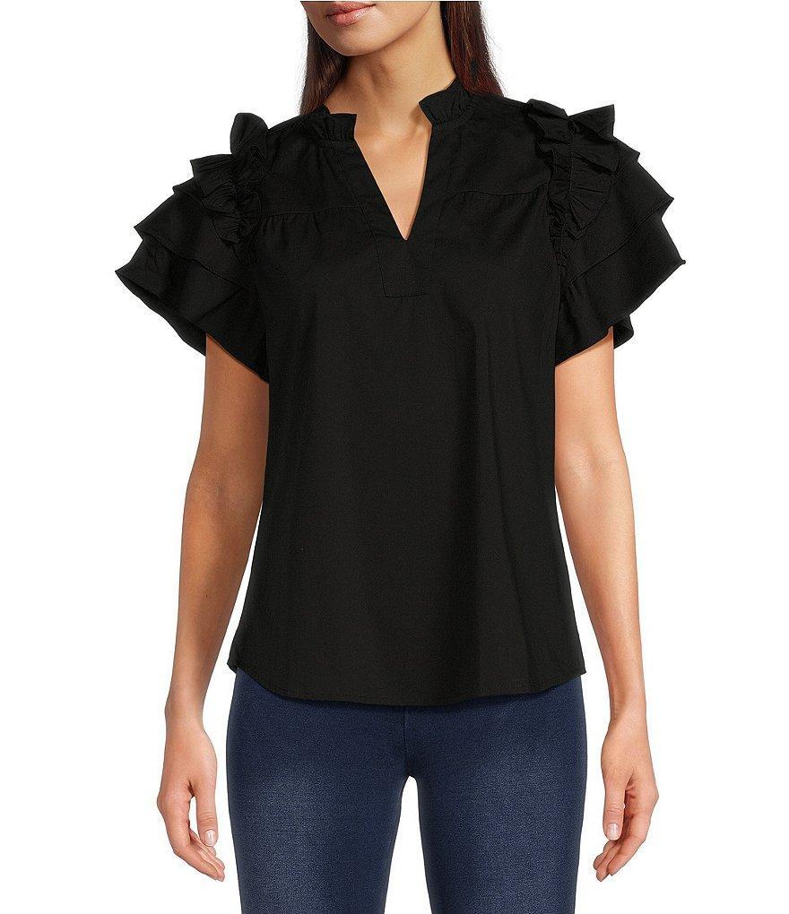 Calessa Woven Split V Neck Short Sleeve Ruffle Pullover Top Product Image