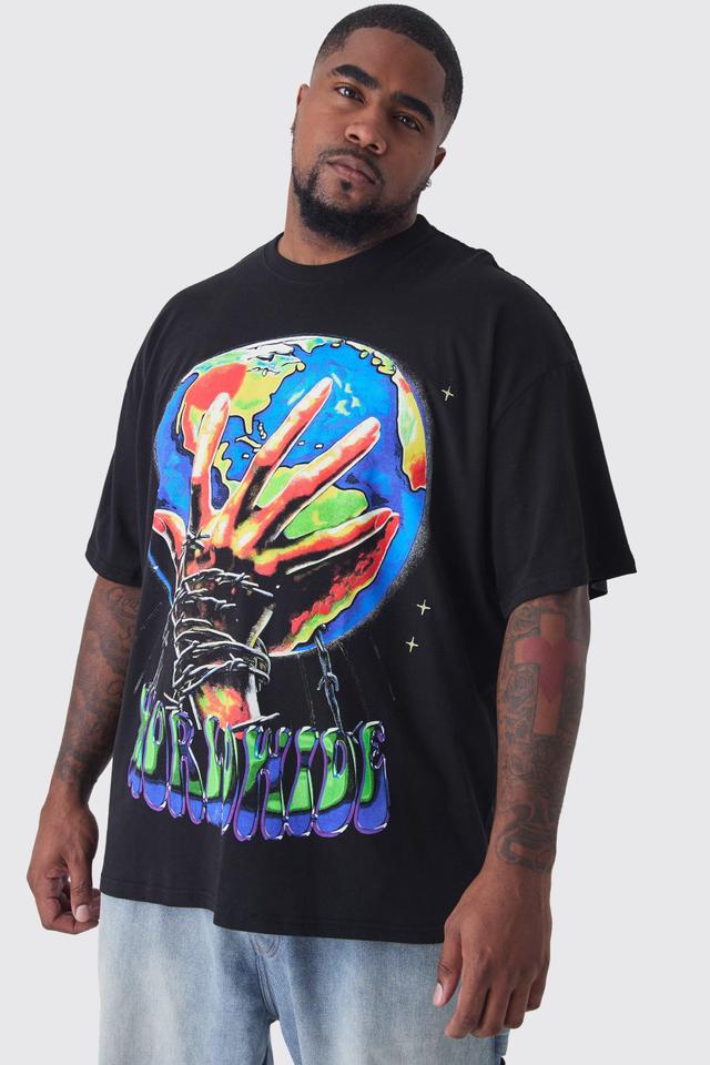 Plus Worldwide Hands Print Oversized T-shirt in Black | boohooMAN USA Product Image