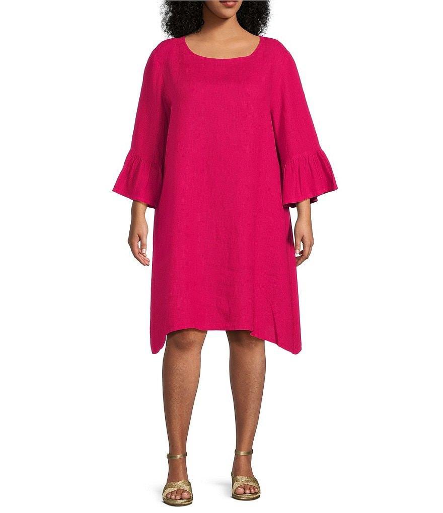 Bryn Walker Plus Size Phryne Solid Light Linen Crew Neck 3/4 Ruffled Bell Sleeve Waistless Shift Dress Product Image