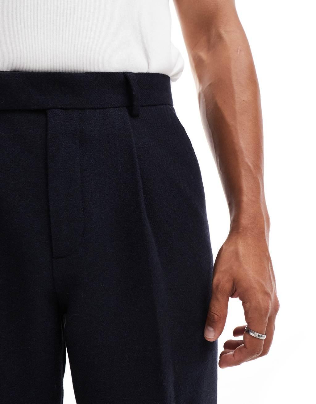 ASOS DESIGN wide wool blend suit pants in navy twill Product Image