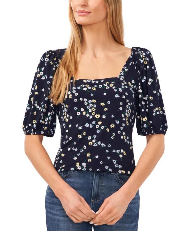 CeCe Womens Floral Square-Neck Puff-Sleeve Knit Top Product Image