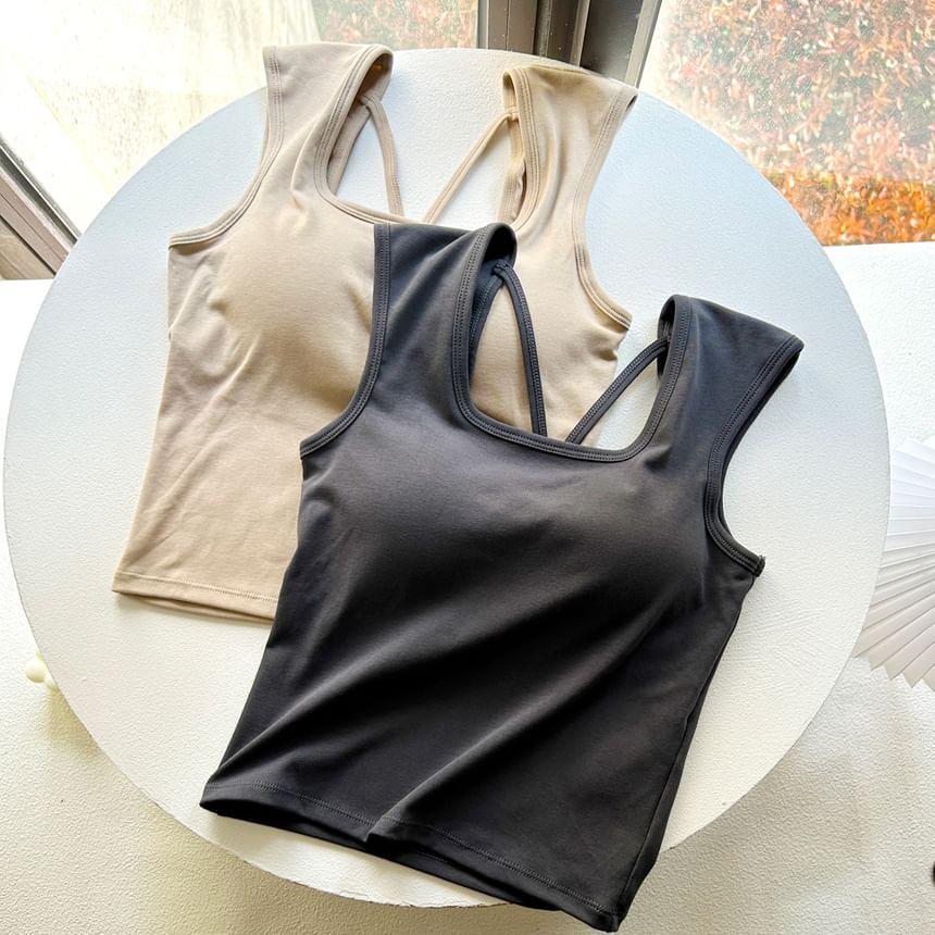 Square Neck Plain Open Back Padded Crop Slim Fit Tank Top Product Image