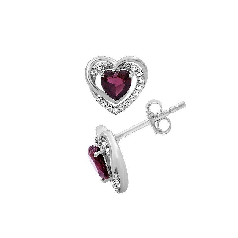 Jewelexcess Sterling Silver Garnet & 1/6 Carat T.W. Diamond Heart Stud Earrings, Womens, White Product Image