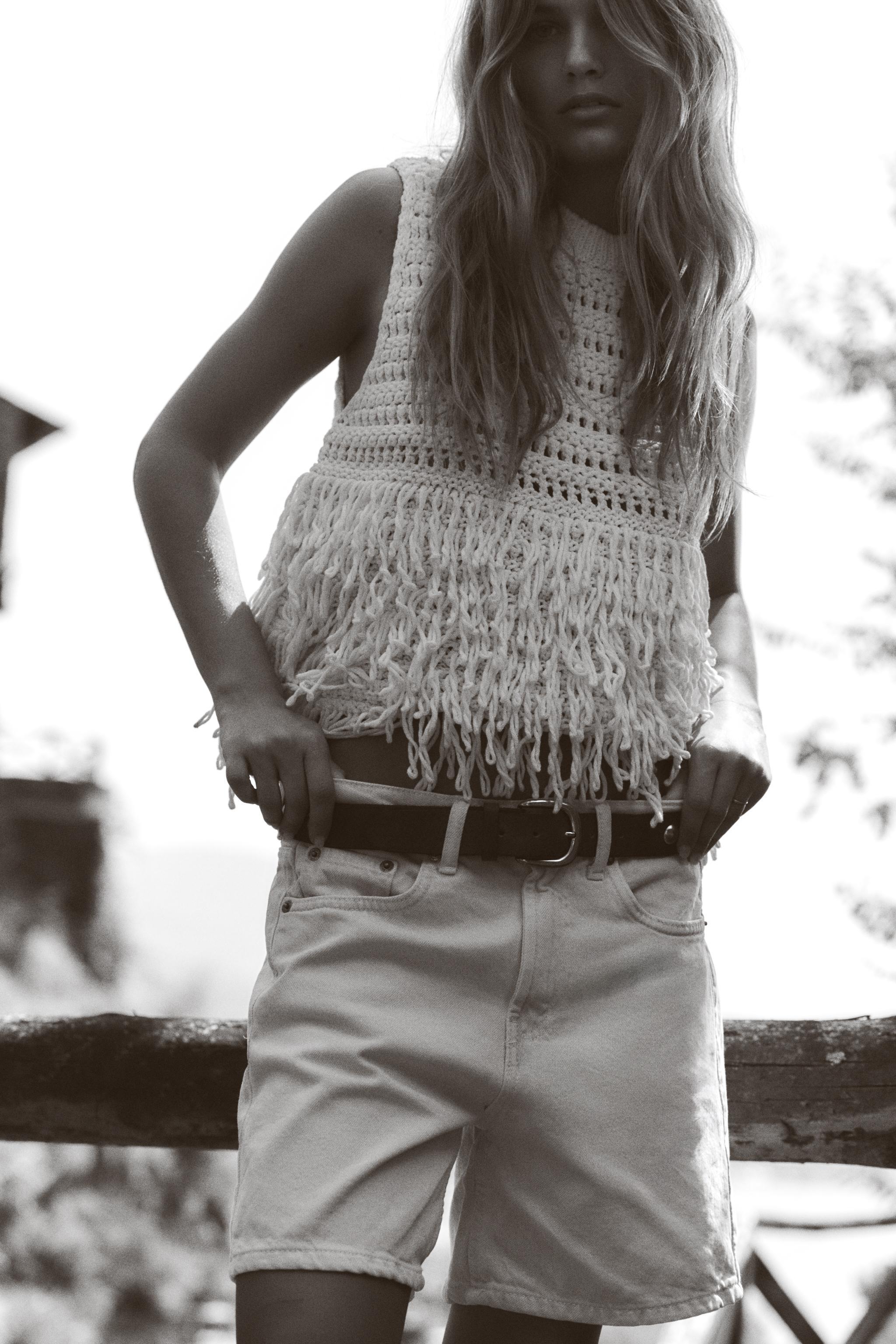 TEXTURED KNIT TOP WITH FRINGE Product Image