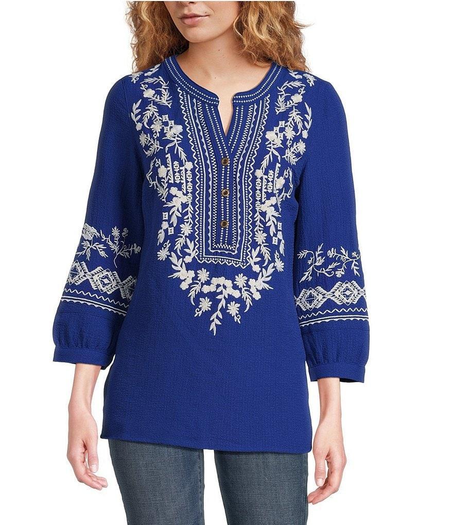 Calessa Embroidered Patchwork Split V-Neck 3/4 Sleeve Tunic Product Image