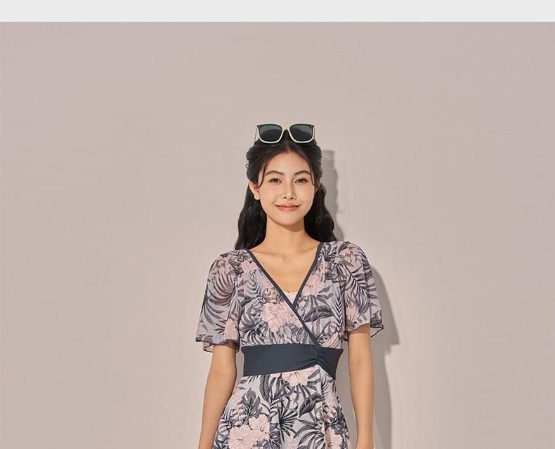 Short-Sleeve V-Neck Floral Swim Dress Product Image