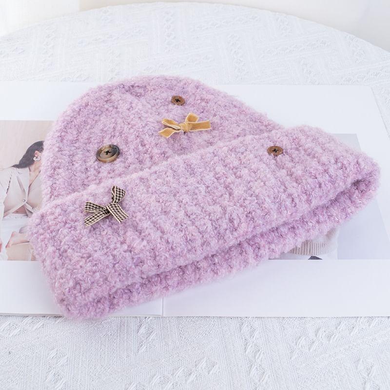 Ribbon Buttoned Knit Beanie Product Image